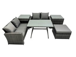 Rackhams 5 Seater Wicker PE Rattan Furniture Outdoor Dining Table Double Seat Sofa Big Stool 2 Side Table Set Dark Grey Mixed - thumbnail 1