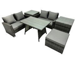 Rackhams 5 Seater Wicker PE Rattan Furniture Outdoor Dining Table Double Seat Sofa Big Stool 2 Side Table Set Dark Grey Mixed - thumbnail 2