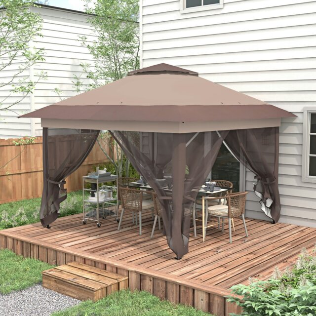 Rackhams 3.6 x 3.6m Pop-up Tent Gazebo Instant Canopy Steel w/ Bag - Khaki - Steel, Oxford, Mesh Fabric - 364cm x 364cm x 298cm