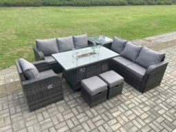 Rackhams 9-Seater Rattan Outdoor Gas Fire Pit Dining Set - Rectangle Table, Reclining Chair, 3-Seater Sofa, 2 Footstools, Side Table - thumbnail 2