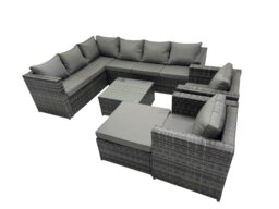 Rackhams Rattan Garden Furniture Patio Furniture Sets with Corner Sofa Square Coffee Table Big Stool Dark Grey Mixed - thumbnail 1