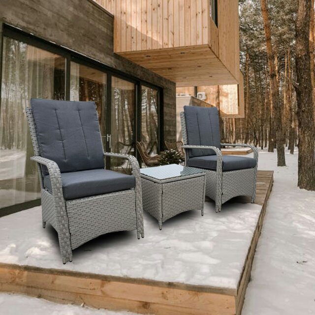 Rackhams Garden Rattan Furniture Bistro 3 Piece Set with Soft Cushions & Pillows, Glass Top Coffee Table & Outdoor Protect Waterproof Cover - Gray - image 1