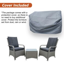 Rackhams Garden Rattan Furniture Bistro 3 Piece Set with Soft Cushions & Pillows, Glass Top Coffee Table & Outdoor Protect Waterproof Cover - Gray - thumbnail 3