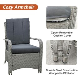 Rackhams Garden Rattan Furniture Bistro 3 Piece Set with Soft Cushions & Pillows, Glass Top Coffee Table & Outdoor Protect Waterproof Cover - Gray - thumbnail 4