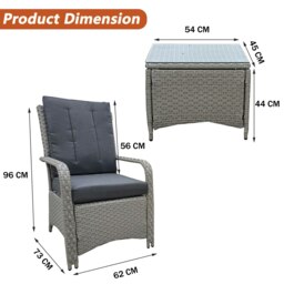 Rackhams Garden Rattan Furniture Bistro 3 Piece Set with Soft Cushions & Pillows, Glass Top Coffee Table & Outdoor Protect Waterproof Cover - Gray - thumbnail 6