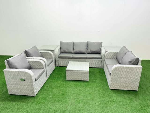 Rackhams PE Rattan Garden Furniture Set Adjustable Chair Sofa Double Love Seat 2 Seater Sofa Lounge Set Square Coffee Table 2 Side Table Light Grey - image 1