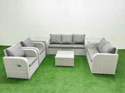 Rackhams PE Rattan Garden Furniture Set Adjustable Chair Sofa Double Love Seat 2 Seater Sofa Lounge Set Square Coffee Table 2 Side Table Light Grey - thumbnail 1