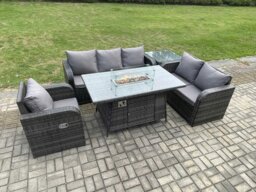 Rackhams Garden Patio Furniture Wicker Rattan Gas Fire Pit Table and Sofa Chair set with Side Table - thumbnail 2