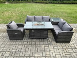 Rackhams Garden Patio Furniture Wicker Rattan Gas Fire Pit Table and Sofa Chair set with Side Table - thumbnail 1