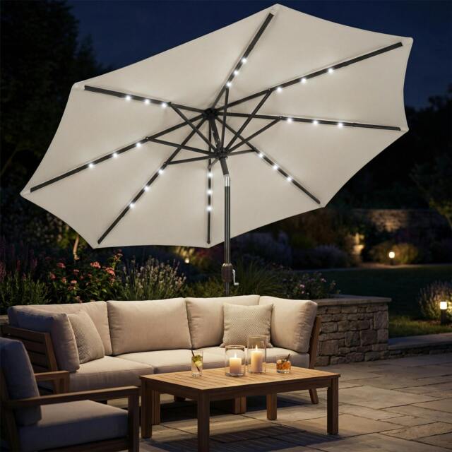 Rackhams 2.6 m Garden Parasol Umbrella with Light, Outdoor Patio Umbrella - Garden Parasol - Light Grey - 263 x 263 x 245 cm