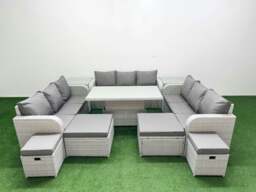 Rackhams 8 Pieces Garden Rising Dining Table High Back Inclining Sofa Set 2 Big Footstool 2 Small Stool 2 Side Table Light Grey - thumbnail 1