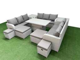 Rackhams 8 Pieces Garden Rising Dining Table High Back Inclining Sofa Set 2 Big Footstool 2 Small Stool 2 Side Table Light Grey - thumbnail 2