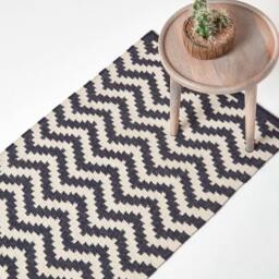 Rackhams Casablanca Handwoven Zig Zag Pattern Dark Blue and White Cotton Kilim Rug - 66 x 200 cm - thumbnail 1