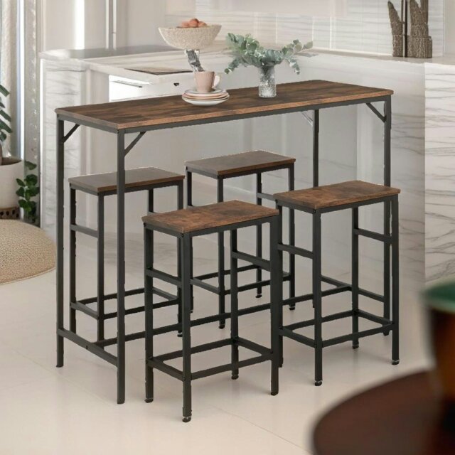 Rackhams Industrial Dining Table And 4 Stools Set Rustic Brown - image 1