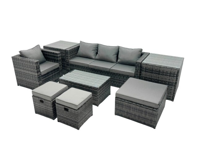 Rackhams Outdoor Coffee Table Sofa Armchair Set with 2 Side Tables Big Stool 2 Small Footstools Garden Furniture Set Dark Grey Mixed - image 1