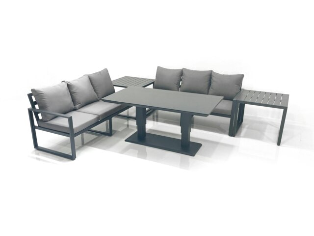 Rackhams 6 Seater Aluminium Outdoor Garden Furniture Set with Adjustable Rising Lifting Dining Table 3 Seater Sofa 2 Side Tables Dark Grey - image 1