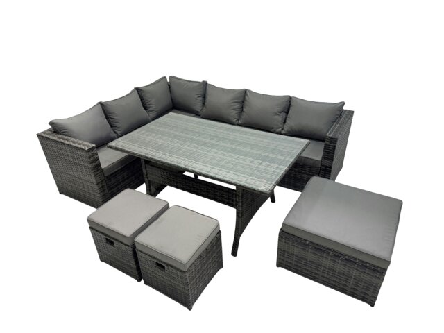 Rackhams Outdoor PE Rattan Sofa Set with Dining Table Patio Garden Furniture Sets with 3 Stools Dark Grey Mixed - image 1