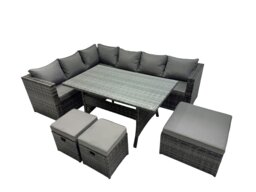 Rackhams Outdoor PE Rattan Sofa Set with Dining Table Patio Garden Furniture Sets with 3 Stools Dark Grey Mixed - thumbnail 1