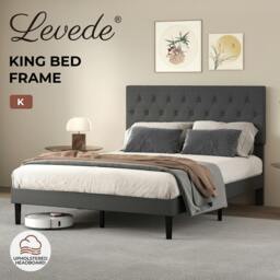 Rackhams King Bed Frame Upholstered Linen Fabric Soft Foam Headboard Wooden Grey - thumbnail 2