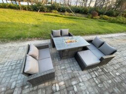 Rackhams Outdoor Garden Dining Sets 7 Seater Rattan Patio Furniture Sofa Set with Gas Fire Pit Table Double Seat Sofa Big Footstool Dark Grey Mixed - thumbnail 2