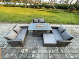 Rackhams Outdoor Garden Dining Sets 7 Seater Rattan Patio Furniture Sofa Set with Gas Fire Pit Table Double Seat Sofa Big Footstool Dark Grey Mixed - thumbnail 1