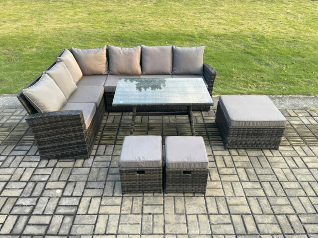 Rackhams Outdoor Furniture Garden Dining Set Rattan Corner Sofa Set with Rectangular Dining Table 3 Footstools Dark Grey Mixed - image 1