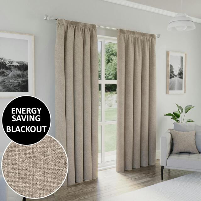 "Rackhams Natural Textured Basketweave 100% Blackout Pencil Pleat Thermal Energy Saving Curtains - Ideal for Living Rooms & Bedrooms - Natural - 46"" (117cm) Width x 90"" (229cm) Drop" - image 1
