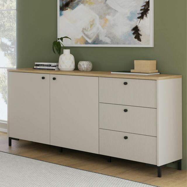 Rackhams Bixbite Wide Sideboard with Fluted Drawers & Cupboard in Mauvella Oak and Sand - W 152.8 X H 79 X D 41.9cm - Mauvella Oak & Sand - 1 - image 1