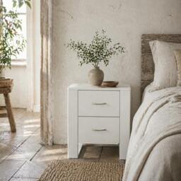 Rackhams Tocoma White Wood 2 Drawer Bedside Table With Silver Metal Handles