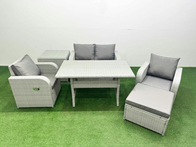 Rackhams Light Grey PE Wicker Rattan Garden Furniture Set Sofa Set Reclining Chair Rectangular Dining Table 5 Seater With Footstool Side Table - image 1