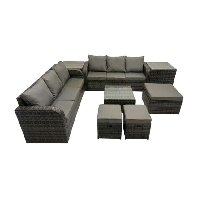 Rackhams Rattan Garden Outdoor Furniture Set 3 Seater Sofa Square Coffee Table Set with 2 Side Tables 3 Stools Dark Grey Mixed - image 1