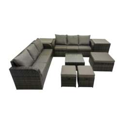 Rackhams Rattan Garden Outdoor Furniture Set 3 Seater Sofa Square Coffee Table Set with 2 Side Tables 3 Stools Dark Grey Mixed - thumbnail 1