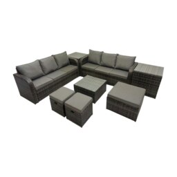 Rackhams Rattan Garden Outdoor Furniture Set 3 Seater Sofa Square Coffee Table Set with 2 Side Tables 3 Stools Dark Grey Mixed - thumbnail 2