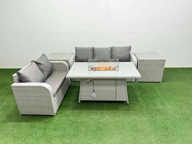 Rackhams 5 Seater PE Rattan Wicker Garden Furniture Patio Conservatory Sofa Set with Fire Pit Dining Table 3 Seater Sofa Love Sofa 2 Side Table - image 1