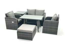Rackhams Outdoor Garden Furniture Set Rattan Sofa Dining Table Set with Reclining Chair Side Table Big Footstool Dark Grey Mixed - thumbnail 2