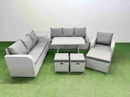Rackhams 8 Pieces Outdoor PE Rattan Garden Furniture with Cushions Reclining Chair Side Table 3 Stool Light Grey