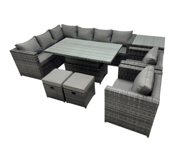 Rackhams 10 seater Height Adjustable Rising Table Corner Sofa Set Rattan Garden Furniture Dining Set with 2 Small Stool Side Table Dark Grey Mixed - image 1
