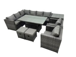 Rackhams 10 seater Height Adjustable Rising Table Corner Sofa Set Rattan Garden Furniture Dining Set with 2 Small Stool Side Table Dark Grey Mixed - thumbnail 1