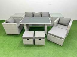 Rackhams Patio Garden Furniture Sets with Black Glass Top Dining Table Armchair 3 Seater Sofa 2 Side Tables 3 Stool Light Grey - thumbnail 1