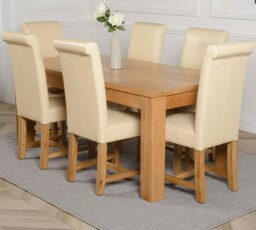 Rackhams Dakota Large Oak Dining Table with Washington Leather Chairs - 6 chairs - Ivory - thumbnail 1