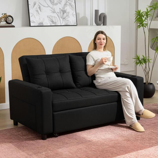Rackhams 2 Seater Pull Out Sofa Bed with Pockets for Living Room Beige - Black - image 1