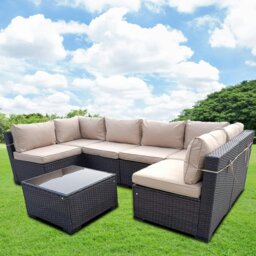 Rackhams Rattan Garden Furniture 7 Piece Set, 6 Seater Wicker Garden Corner Sofa Outdoor Patio Sofa Set - thumbnail 1