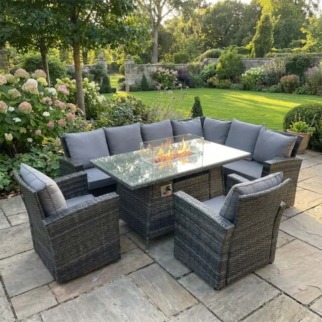 Rackhams 8 Seater Rattan High Back Garden Furniture Set with Corner Sofa, Gas Fire Pit Dining Table, 2 Chairs - Dark Grey - image 1