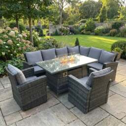 Rackhams 8 Seater Rattan High Back Garden Furniture Set with Corner Sofa, Gas Fire Pit Dining Table, 2 Chairs - Dark Grey
