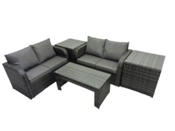 Rackhams 3 Seater Sofa Reclining Chair Coffee Table Set Rattan Garden Outdoor Furniture Set with 2 Side Tables Dark Grey Mixed - thumbnail 1