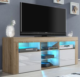 Rackhams Stylish 145cm Modern TV Unit with White Gloss Doors, Cabinet and LED - 145 cm - 1 - Oak Matt Body & White Gloss Doors