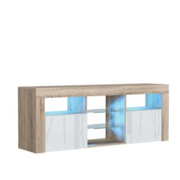 Rackhams Stylish 145cm Modern TV Unit with White Gloss Doors, Cabinet and LED - 145 cm - 1 - Oak Matt Body & White Gloss Doors - thumbnail 2