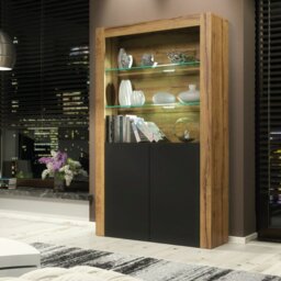 Rackhams Premium 170cm Cabinet Sideboard Matt Doors Cupboard & Display Unit & Free LED Lights - 170cm  - Oak Matt Body & Black Matte Doors - 1