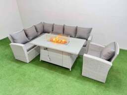Rackhams 7 Seat Rattan Garden Furniture Corner Sofa Set Outdoor Gas Fire Pit Table Sets with Armchair Light Grey - thumbnail 1