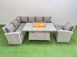 Rackhams 7 Seat Rattan Garden Furniture Corner Sofa Set Outdoor Gas Fire Pit Table Sets with Armchair Light Grey - thumbnail 2